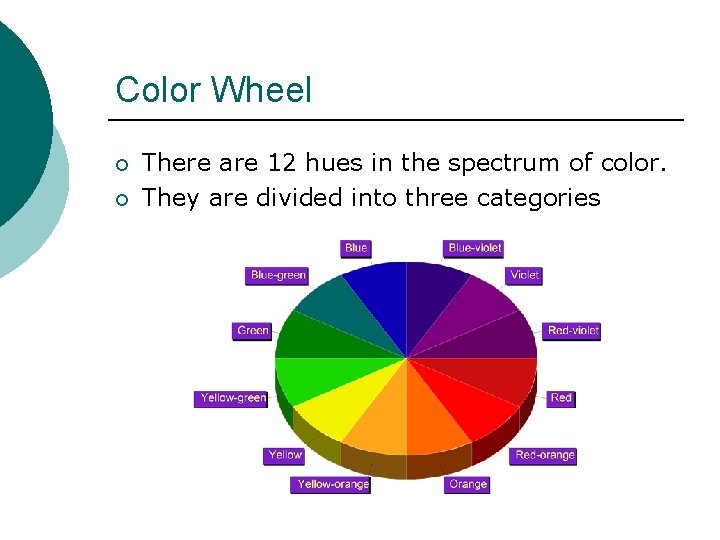 Color Wheel ¡ ¡ There are 12 hues in the spectrum of color. They