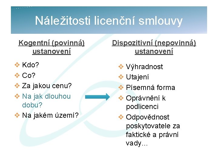 Náležitosti licenční smlouvy Kogentní (povinná) ustanovení v Kdo? v Co? v Za jakou cenu?