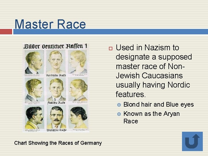 Master Race Used in Nazism to designate a supposed master race of Non. Jewish