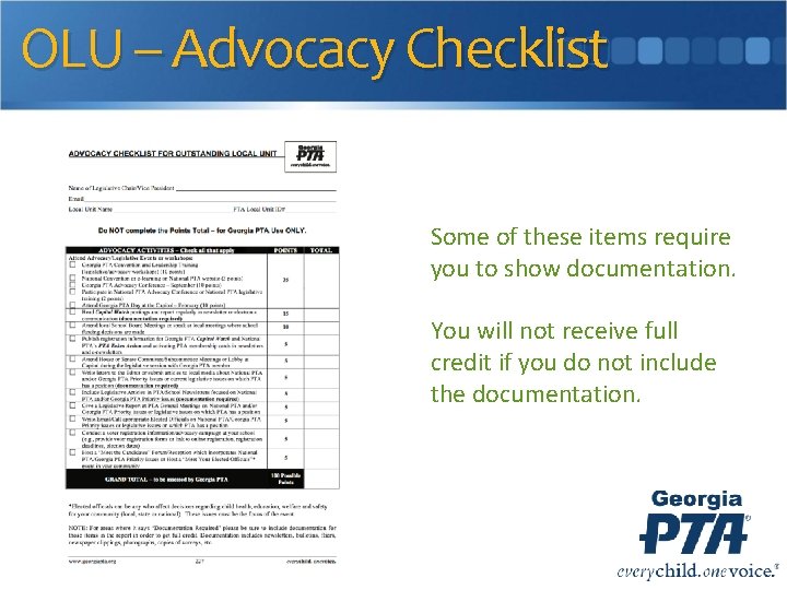 OLU – Advocacy Checklist Some of these items require you to show documentation. You