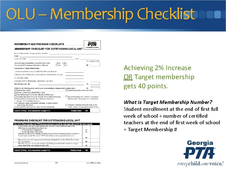 OLU – Membership Checklist Achieving 2% Increase OR Target membership gets 40 points. What