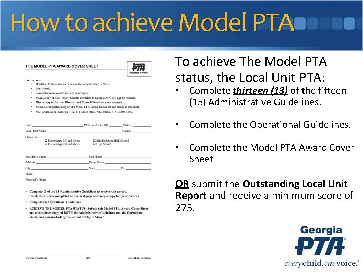 How to achieve Model PTA To achieve The Model PTA status, the Local Unit