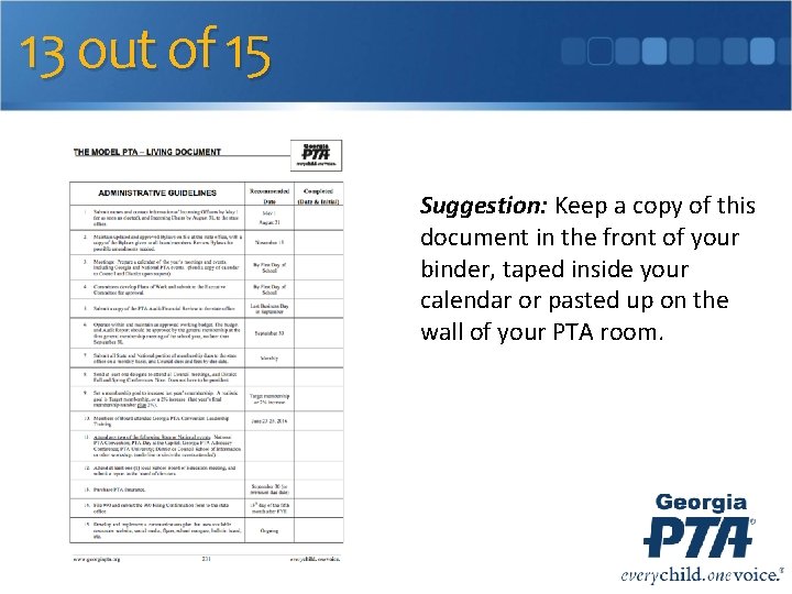 13 out of 15 Suggestion: Keep a copy of this document in the front