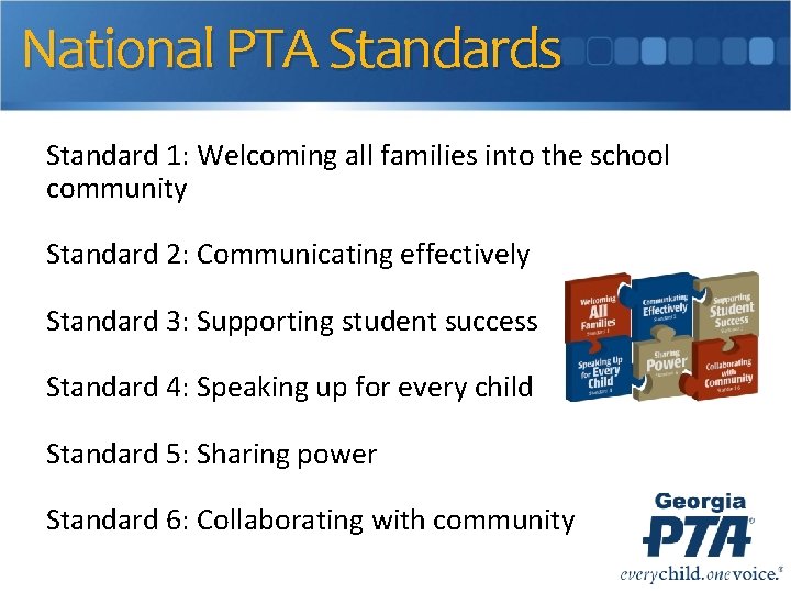 National PTA Standards Standard 1: Welcoming all families into the school community Standard 2: