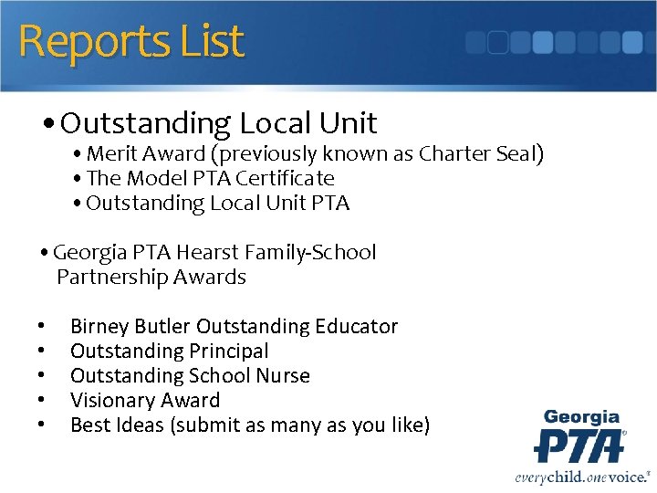 Reports List • Outstanding Local Unit • Merit Award (previously known as Charter Seal)