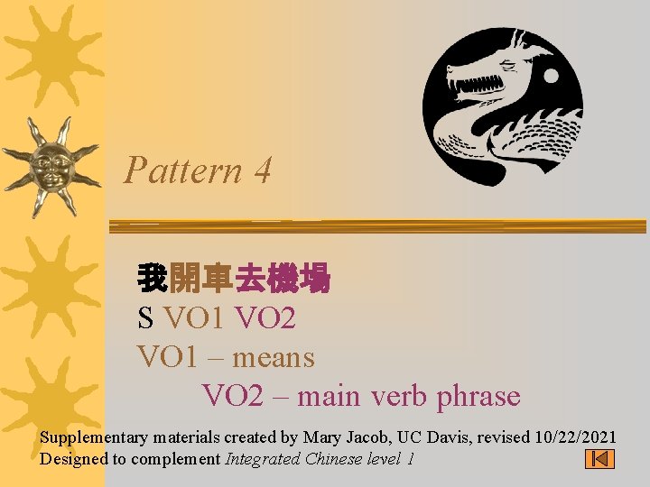 Pattern 4 我開車去機場 S VO 1 VO 2 VO 1 – means VO 2