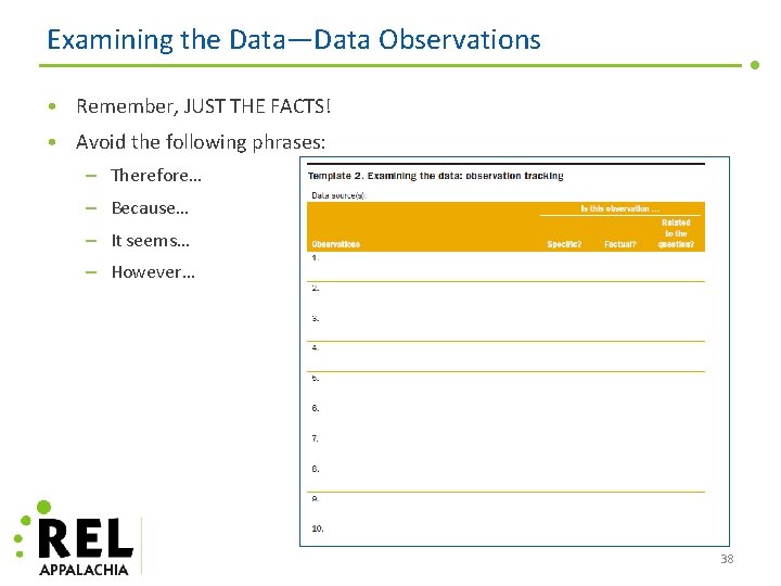 Examining the Data—Data Observations • Remember, JUST THE FACTS! • Avoid the following phrases: