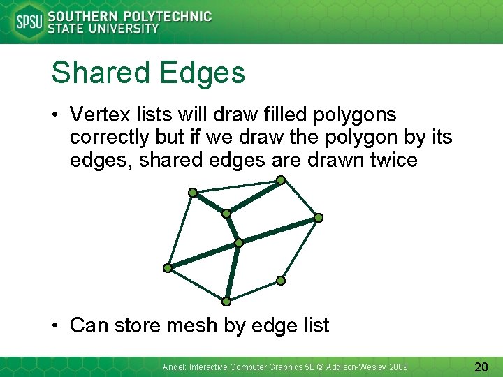 Shared Edges • Vertex lists will draw filled polygons correctly but if we draw