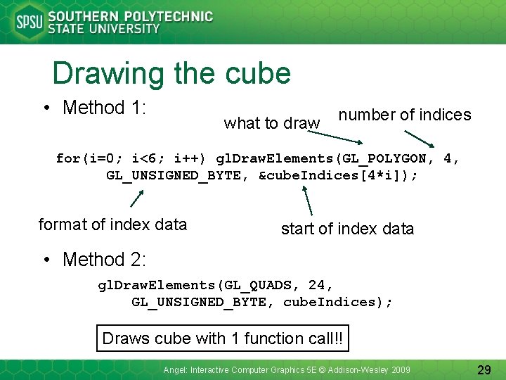 Drawing the cube • Method 1: what to draw number of indices for(i=0; i<6;