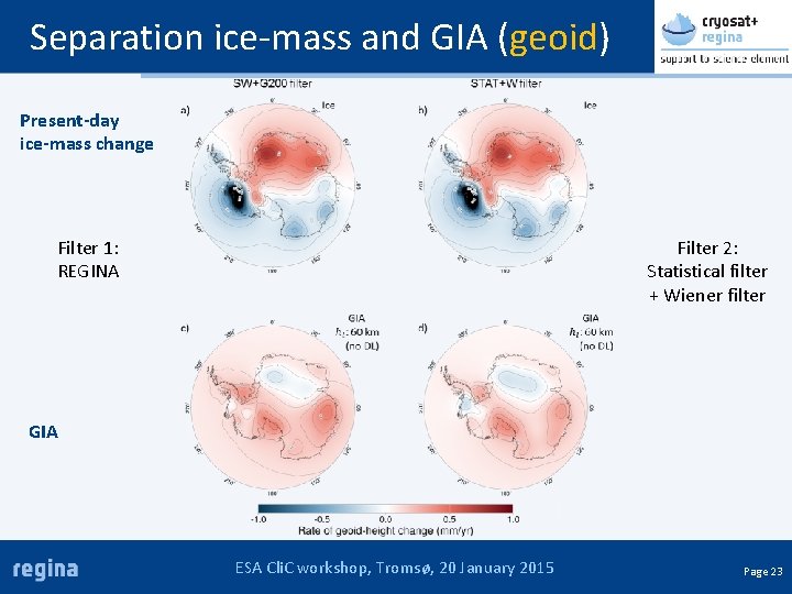 Separation ice-mass and GIA (geoid) Present-day ice-mass change Filter 2: Statistical filter + Wiener