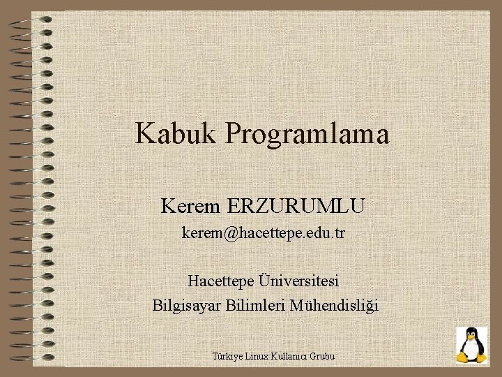 Kabuk Programlama Kerem ERZURUMLU kerem@hacettepe. edu. tr Hacettepe Üniversitesi Bilgisayar Bilimleri Mühendisliği Türkiye Linux