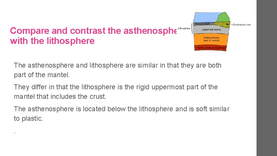 Compare and contrast the asthenosphere with the lithosphere The asthenosphere and lithosphere are similar