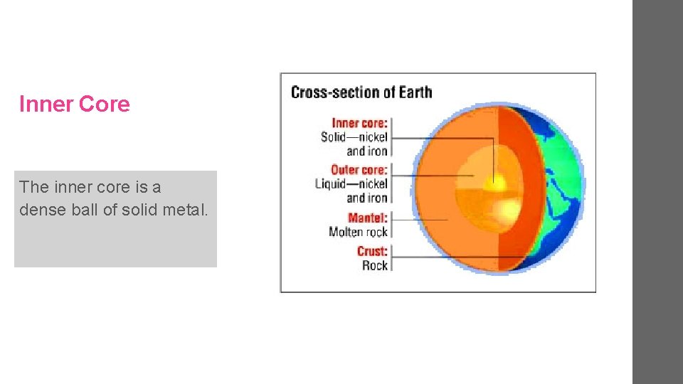 Inner Core The inner core is a dense ball of solid metal. 