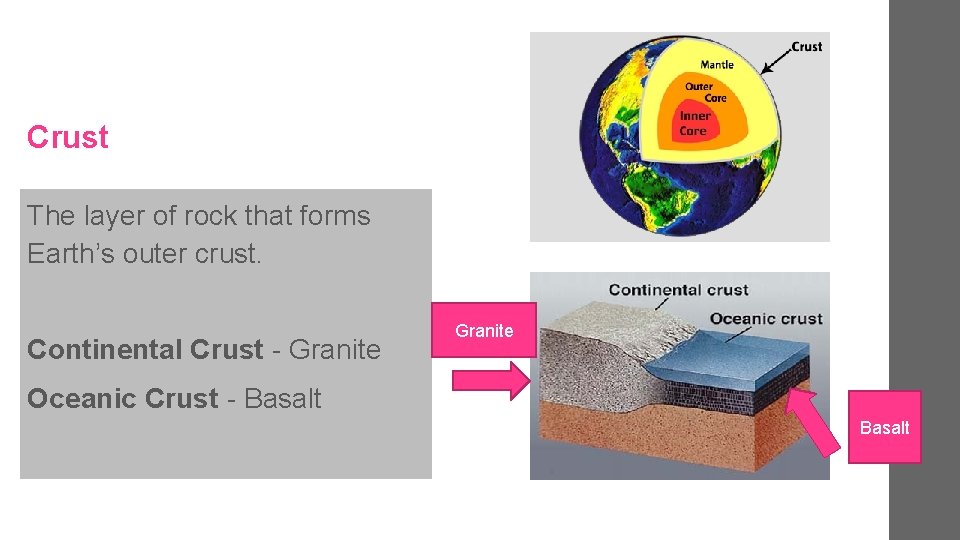 Crust The layer of rock that forms Earth’s outer crust. Continental Crust - Granite