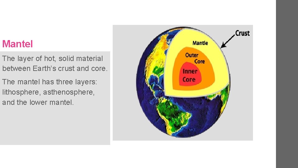 Mantel The layer of hot, solid material between Earth’s crust and core. The mantel