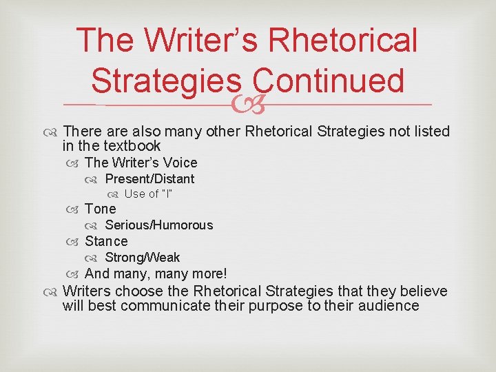 The Writer’s Rhetorical Strategies Continued There also many other Rhetorical Strategies not listed in