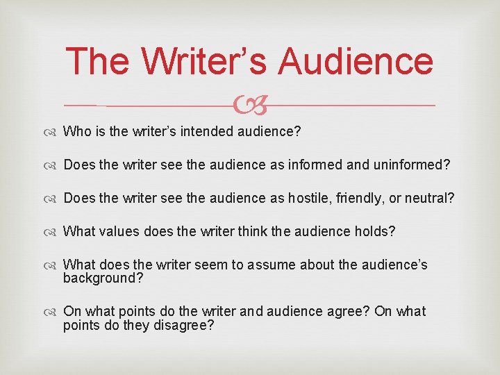 The Writer’s Audience Who is the writer’s intended audience? Does the writer see the