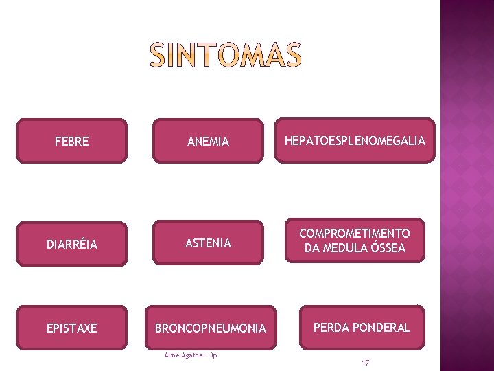 FEBRE ANEMIA HEPATOESPLENOMEGALIA DIARRÉIA ASTENIA COMPROMETIMENTO DA MEDULA ÓSSEA EPISTAXE BRONCOPNEUMONIA Aline Agatha –