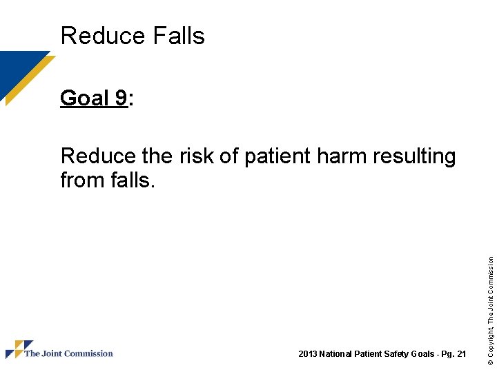 Reduce Falls Goal 9: 2013 National Patient Safety Goals - Pg. 21 © Copyright,