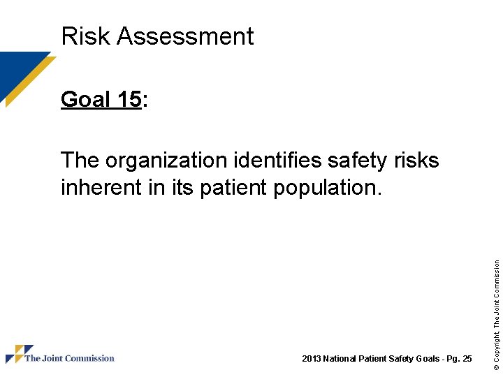 Risk Assessment Goal 15: 2013 National Patient Safety Goals - Pg. 25 © Copyright,