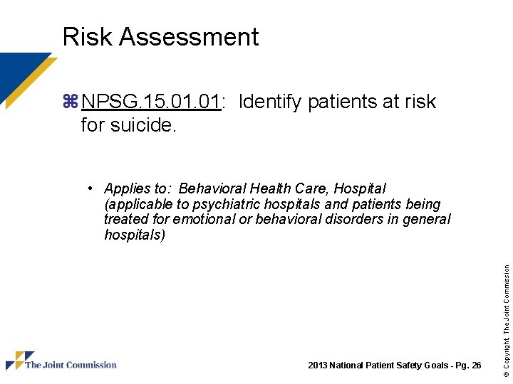 Risk Assessment z NPSG. 15. 01: Identify patients at risk for suicide. 2013 National