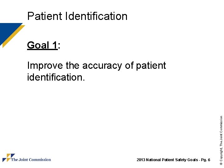 Patient Identification Goal 1: 2013 National Patient Safety Goals - Pg. 6 © Copyright,