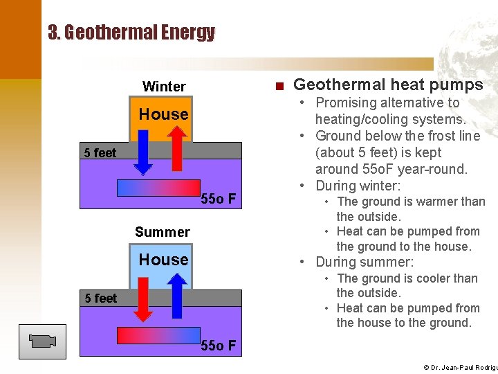 3. Geothermal Energy ■ Geothermal heat pumps Winter House 5 feet 55 o F