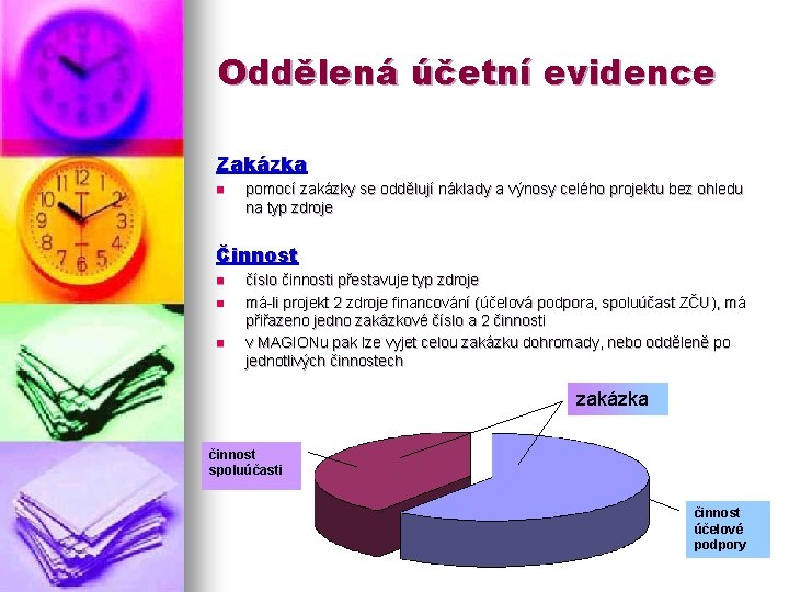 Oddělená účetní evidence Zakázka n pomocí zakázky se oddělují náklady a výnosy celého projektu