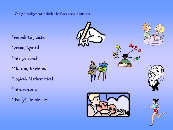 The 7 intelligences included in Gardners theory are