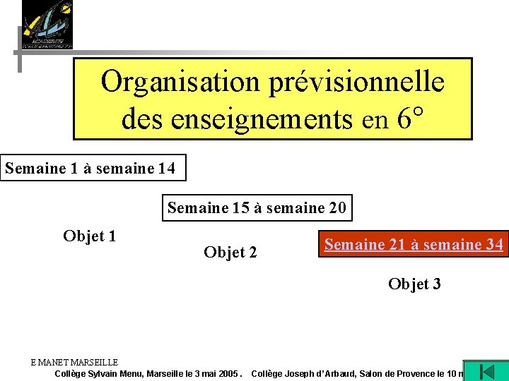 Organisation prévisionnelle des enseignements en 6° Semaine 1 à semaine 14 Semaine 15 à