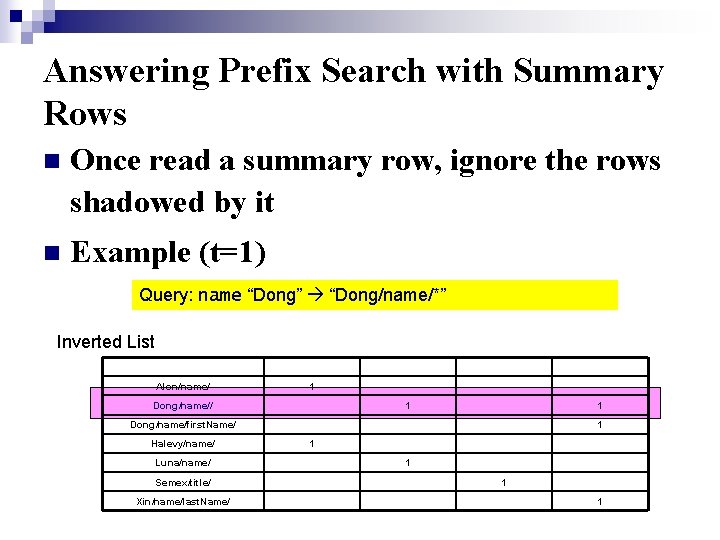 Answering Prefix Search with Summary Rows n Once read a summary row, ignore the