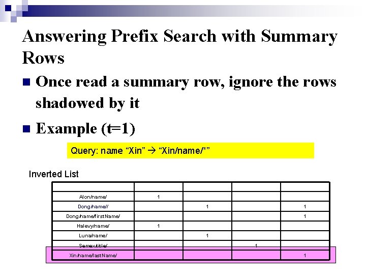 Answering Prefix Search with Summary Rows n Once read a summary row, ignore the