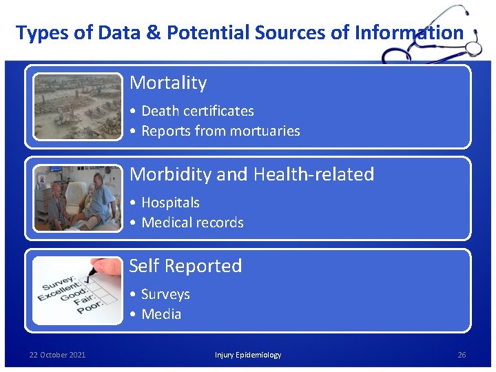 Types of Data & Potential Sources of Information Mortality • Death certificates • Reports