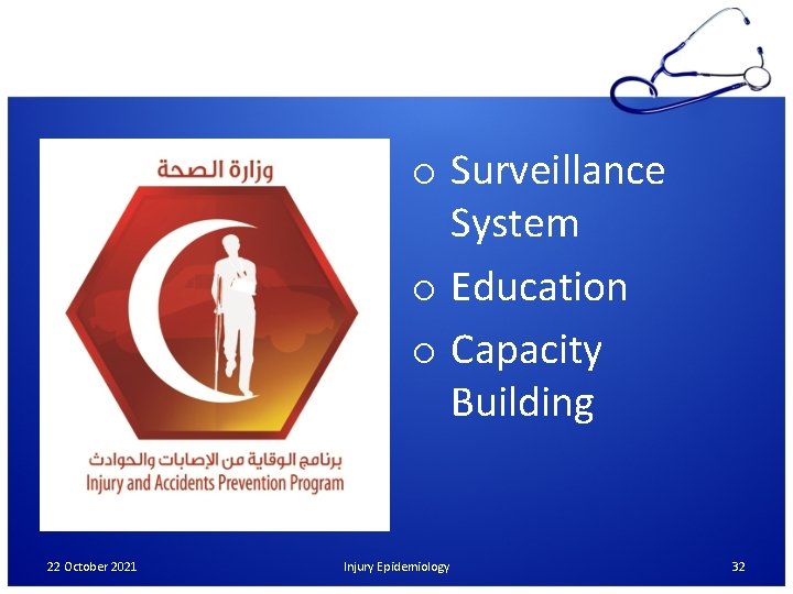 o Surveillance System o Education o Capacity Building 22 October 2021 Injury Epidemiology 32