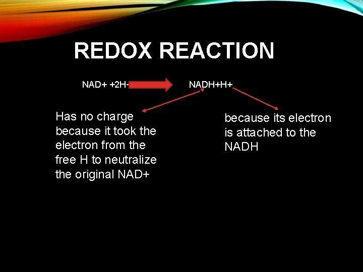 REDOX REACTION NAD+ +2 H+ Has no charge because it took the electron from