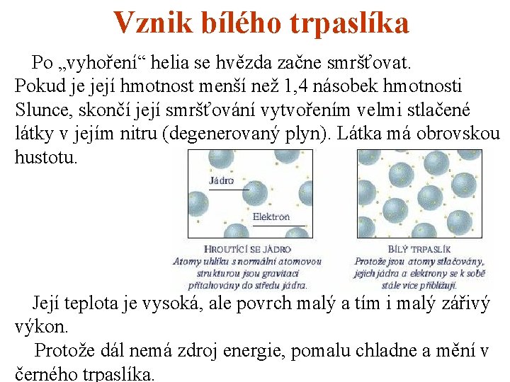 Vznik bílého trpaslíka Po „vyhoření“ helia se hvězda začne smršťovat. Pokud je její hmotnost