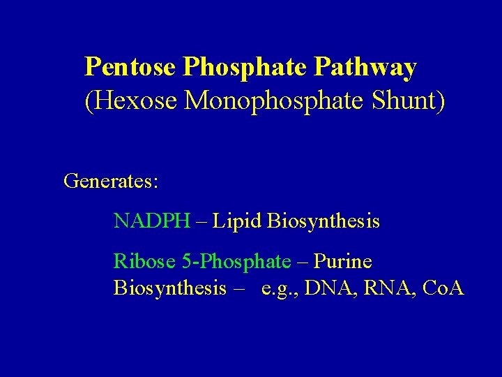 Pentose Phosphate Pathway (Hexose Monophosphate Shunt) Generates: NADPH – Lipid Biosynthesis Ribose 5 -Phosphate