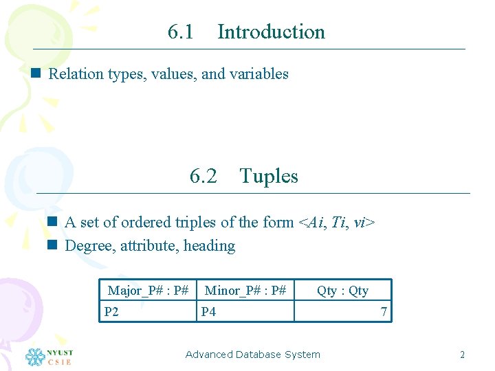 6. 1 Introduction n Relation types, values, and variables 6. 2 Tuples n A