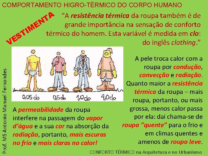 COMPORTAMENTO HIGRO-TÉRMICO DO CORPO HUMANO Prof. MS Antonio Manuel Fernandes A “A resistência térmica