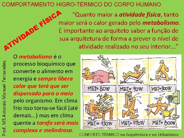 COMPORTAMENTO HIGRO-TÉRMICO DO CORPO HUMANO Prof. MS Antonio Manuel Fernandes A “Quanto maior a