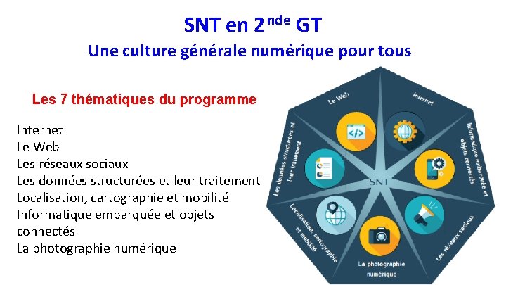 SNT en 2 nde GT Une culture générale numérique pour tous Les 7 thématiques