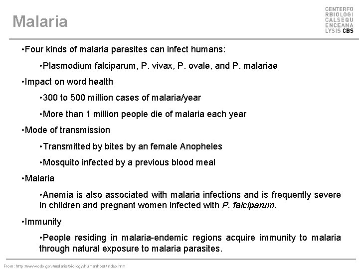 Malaria • Four kinds of malaria parasites can infect humans: • Plasmodium falciparum, P.