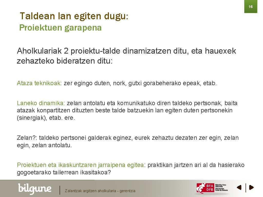 16 Taldean lan egiten dugu: Proiektuen garapena Aholkulariak 2 proiektu-talde dinamizatzen ditu, eta hauexek