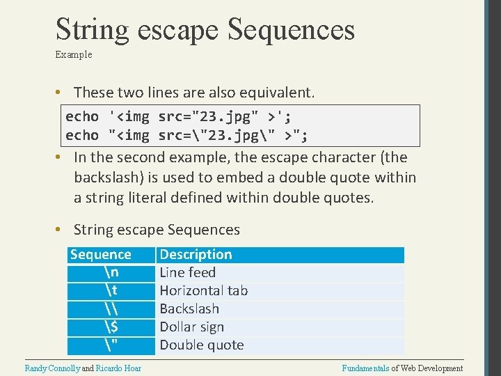 String escape Sequences Example • These two lines are also equivalent. echo '<img src="23.