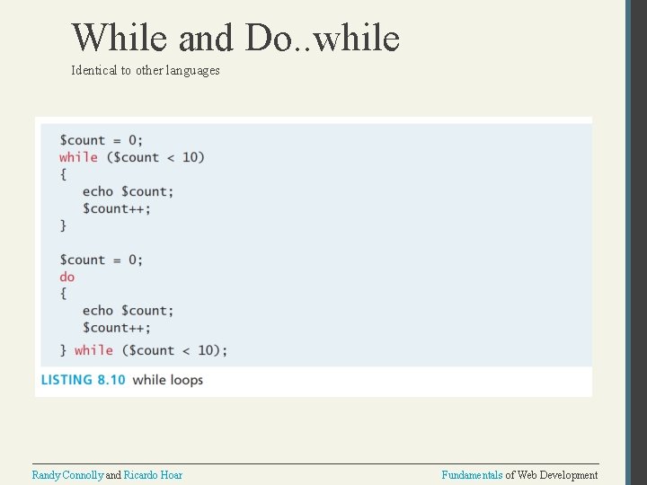 While and Do. . while Identical to other languages Randy Connolly and Ricardo Hoar