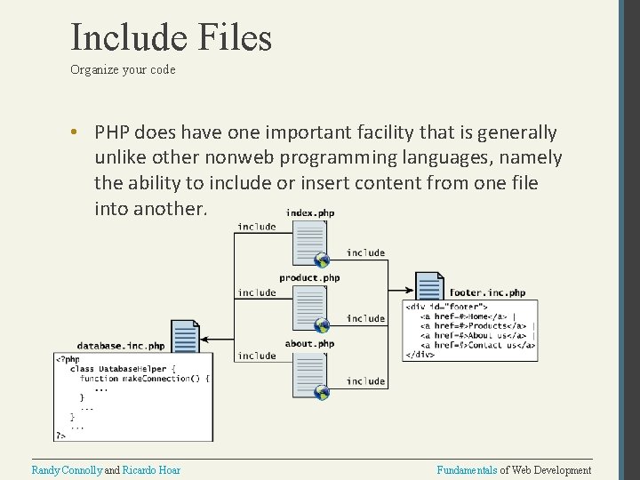 Include Files Organize your code • PHP does have one important facility that is