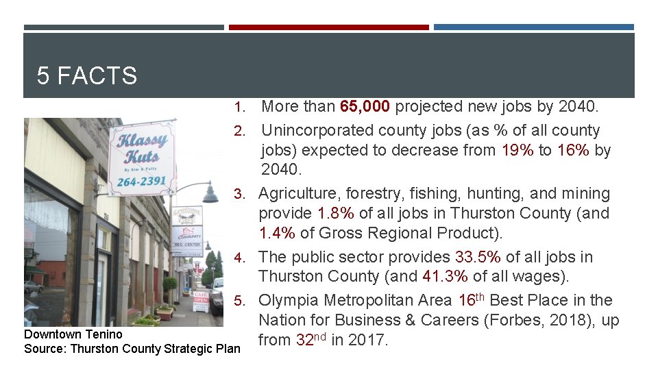 5 FACTS 1. 2. 3. 4. 5. Downtown Tenino Source: Thurston County Strategic Plan