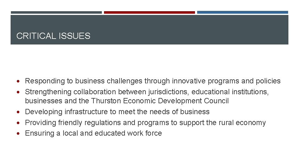 CRITICAL ISSUES Responding to business challenges through innovative programs and policies Strengthening collaboration between