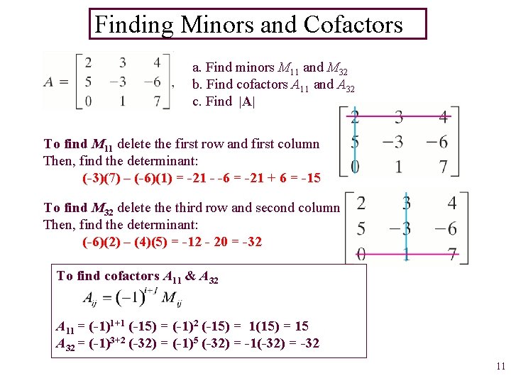 Finding Minors and Cofactors a. Find minors M 11 and M 32 b. Find