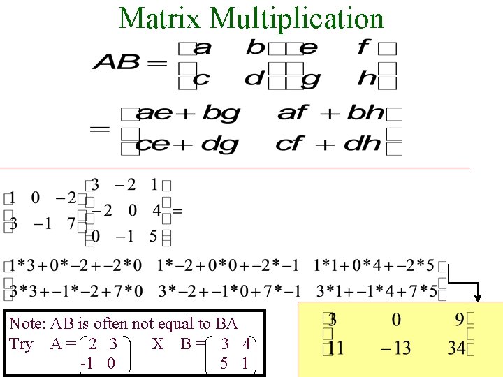 Matrix Multiplication Note: AB is often not equal to BA Try A = 2